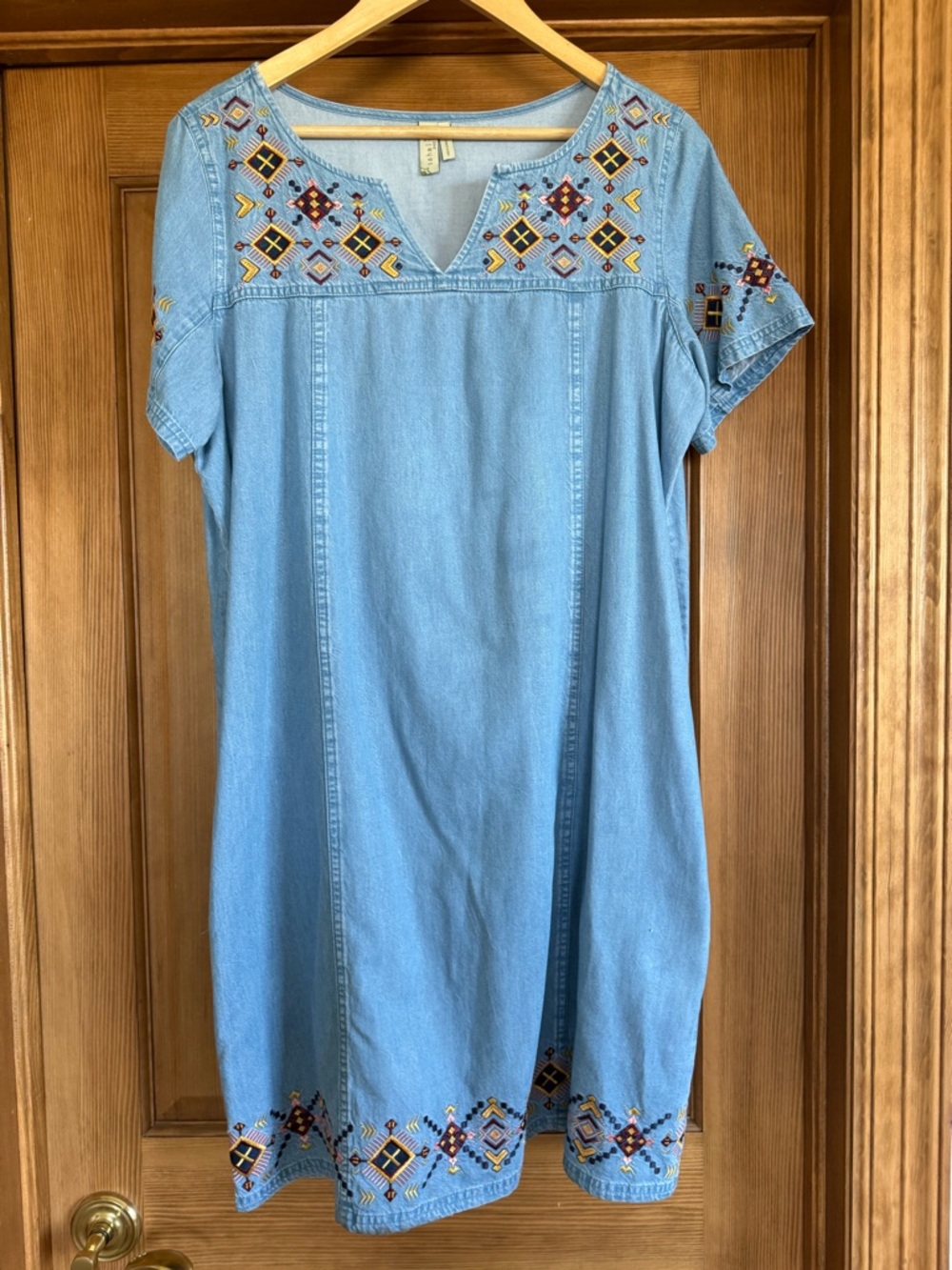 sahalie Light Blue Denim southwestern dress with Multicolor Embroidery